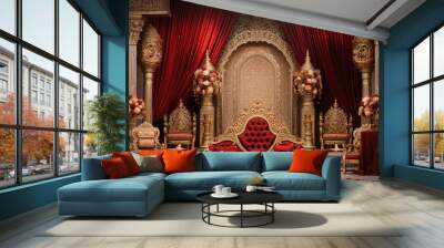 Magnificent Indian Wedding Stage, Flower Arrangements, Cascading Fabrics, Intricately Carved Thrones Wall mural