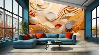 3d Paper Background Light Colored Circles and Mountains. Style of fluid and organic shapes. Pastel colors. Generative AI. Wall mural