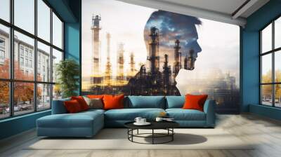 A double exposure silhouette of a man's head overlaid with an industrial refinery scene. Wall mural