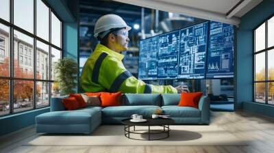 A factory worker monitoring multiple screens filled with data in an industrial control room. Wall mural