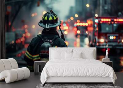 A firefighter in full gear stands in a city street with fire trucks and lights in the background. Wall mural