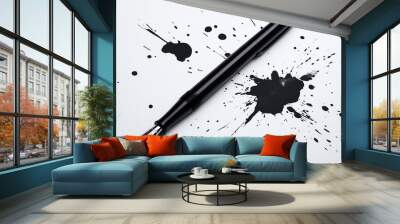 A fountain pen on white paper with scattered black ink splatters around it.
 Wall mural