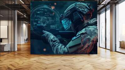 A front-facing view of a soldier wearing a helmet with a Heads-Up Display (HUD), surrounded by digital data and interfaces, showcasing the future of military technology and information warfare. Wall mural