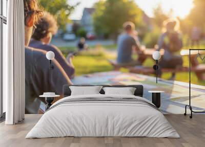 A person looking at a map on a picnic table in a sunlit park, with people sitting in the background, enjoying the outdoor space. Wall mural