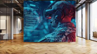 A soldier using virtual reality technology with a digital interface in a futuristic military setting. Wall mural