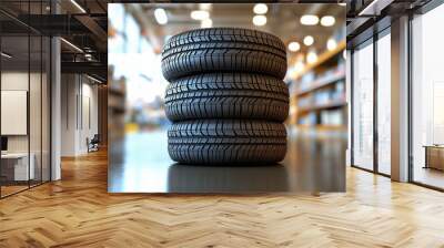 A stack of four car tires neatly arranged in an auto parts store, with shelves of products in the background.

 Wall mural