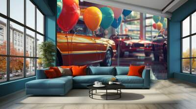 Car dealership showroom decorated with colorful balloons. Wall mural