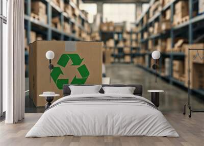 Cardboard box with recycling symbol in a warehouse full of shelves. Wall mural