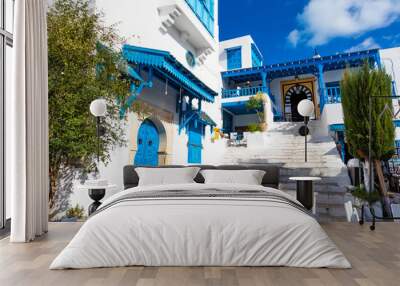 Cityscape with typical white blue colored houses in resort town Sidi Bou Said. Tunisia. Wall mural