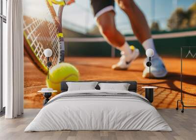 Close up of tennis player with racket on court. Athlete in action on tennis court. Wall mural