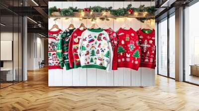 Colorful Christmas sweaters hanging on a festive display with holiday decorations and lights. Wall mural