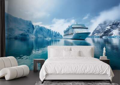 Cruise ship in majestic north seascape with ice glaciers in Canada or Antarctica Wall mural