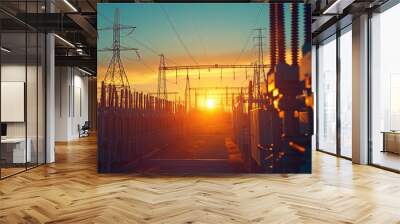 Electrical substation with transformers and power lines at sunrise. Wall mural