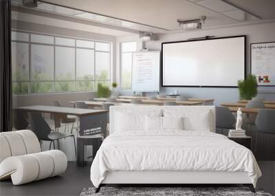 Empty modern classroom with white Interactive board 3d. Generative AI.  Wall mural