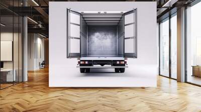 Empty open back of a delivery truck facing forward with doors wide open. Wall mural