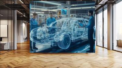 Engineers working on a digital car design in a high-tech automotive factory. Wall mural