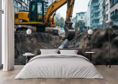 Excavator digging and laying pipes in an urban construction site. Wall mural