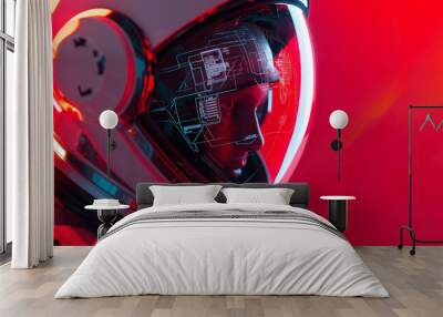 Female astronaut's face in a helmet with red futuristic HUD overlays. Wall mural