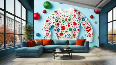 Festive Christmas sweater with colorful decorations on a blue background Wall mural