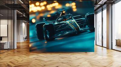 Formula 1 car speeding down a racetrack at night, surrounded by blurred city lights. Wall mural