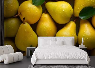 Fresh ripe pears with water drops background.  Wall mural