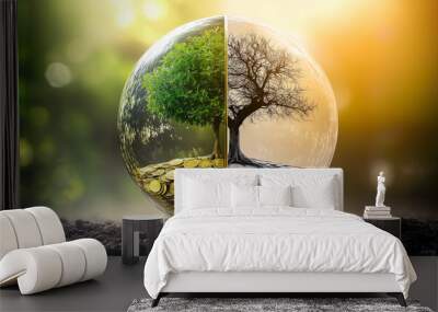 Glass sphere divided into two halves, one with a green tree and gold coins, the other with a dead tree and gray coins. Wall mural