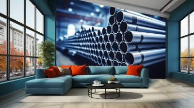 Gray industrial steel pipes with blurred background. Wall mural