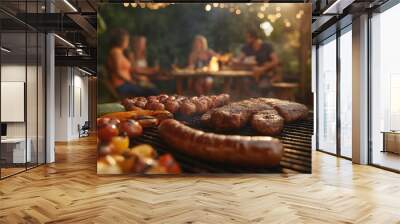 Grilled meats and vegetables on a barbecue with people in the background. Wall mural