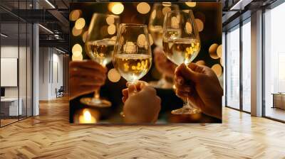 Group of friends toasting with wine glasses during a festive celebration. Wall mural