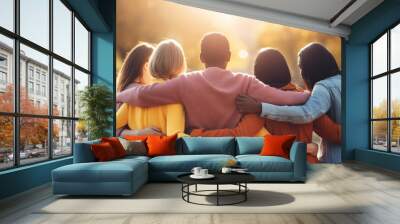 Group of people from different races, dressed in vibrant clothes, hugging each other. Wall mural