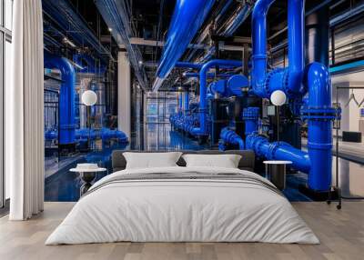 Industrial setting with large, bright blue pipes and polished floors, representing modern infrastructure. Wall mural