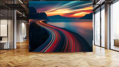 Long exposure of a highway bridge with colorful light trails at dusk. Wall mural