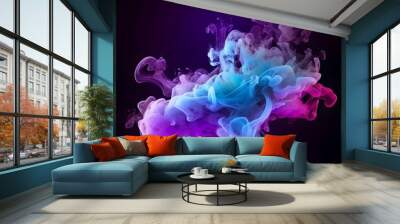 Neon blue and purple multicolored smoke puff cloud design elements on a dark background Wall mural