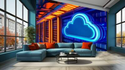 Neon Cloud Icon in Data Center: A glowing blue cloud icon in a modern data center with servers, symbolizing cloud computing and digital storage. Wall mural