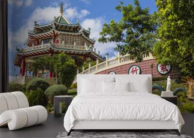 pagoda and dragon sculpture of the taoist temple in cebu, philip Wall mural