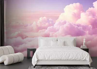 Pink clouds in the sky stage fluffy cotton candy dream fantasy soft background. Generative AI. Wall mural