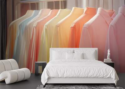 Row of pastel-colored shirts hanging neatly on a clothing rack in soft lighting. Wall mural