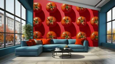 Rows of fresh tomatoes casting deep shadows on a bold red background.  Wall mural