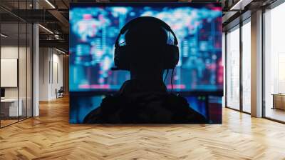 Soldier wearing a headset monitoring data on multiple screens. Wall mural