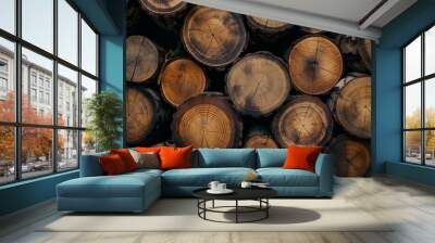 Stacked tree logs with visible annual rings. Wall mural