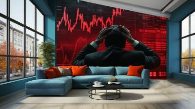 Stressed man looking at declining stock market graphs on a computer screen. Wall mural