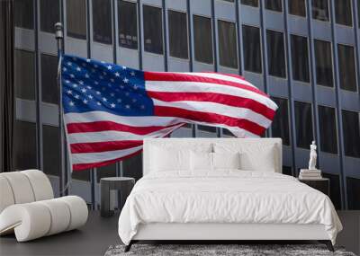 US american symbol flag over blue modern city buildings Wall mural