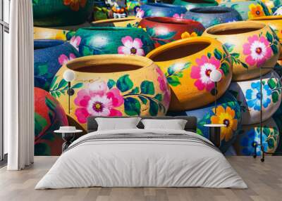 Variety of Colorfully Mexican Painted Ceramic Pots in an Outdoor Shopping Souvenir Market in Mexico. Wall mural