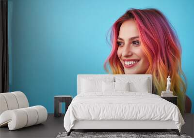 Young beautiful smiling happy woman with rainbow colored wavy hair Wall mural