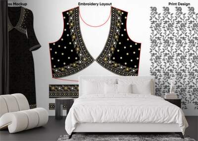 Neck embroidery design with all over print and dress template Wall mural