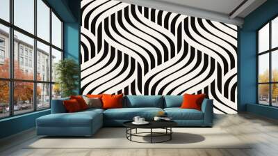 Seamless pattern with geometric waves. Endless stylish texture. Ripple monochrome background. Linear weaved grid. Thin interlaced swatch. Wall mural