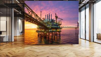 Offshore construction platform for production oil and gas. Oil and gas industry and hard work. Production platform and operation process by manual and auto function from control room. Wall mural