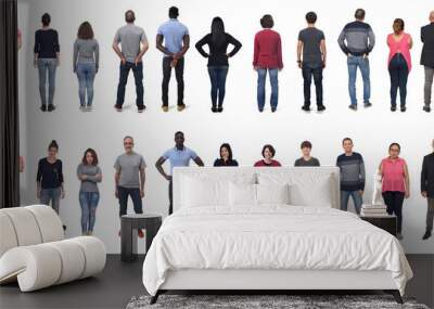 front and rear view of large group of men and women wearing  jeans and standing on white background Wall mural