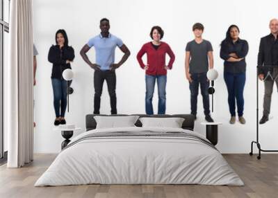 large group of people wearing blue jeans on white background Wall mural