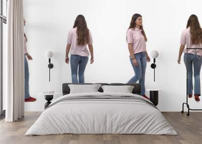 line of front,back and side view of a same young girl walking on white background Wall mural